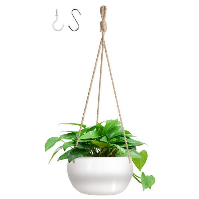 GROWNEER 7 Inches Ceramic Hanging Planter with 2 Hooks, White Porcelain Wall Hanging Plant Holder Flower Pot with 3 Jute Ropes for Home Decoration, Gift, Garden, Indoor Outdoor Use