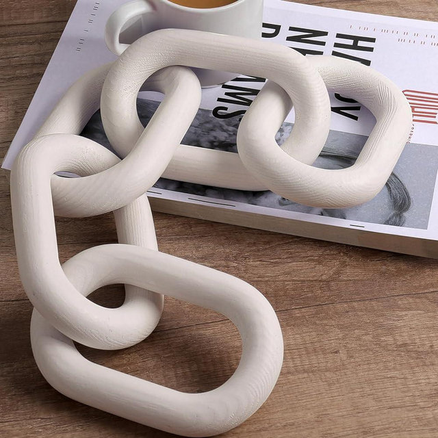 Wood Chain Link Decor, Rustic Coffee Table Decorative Chain, Book Shelf Decor Accents, Dining Table Decor, Boho, Country or Modern Home Décor for Shelves - White Washed