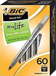BIC Round Stic Xtra Life Ball Pen, Medium Point (1.0 mm), Black, 60-Count