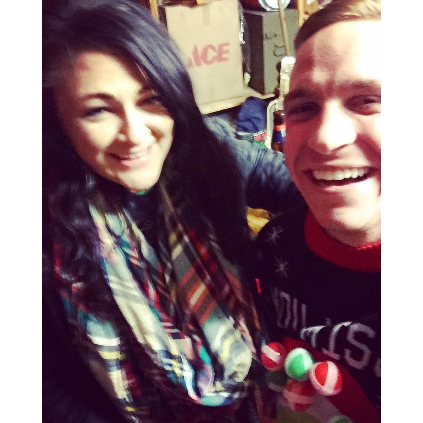 Christmas party we went to. My scarf kept getting stuck on his sweater... Meant to be stuck to you for life .