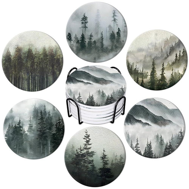 Whaline 6Pcs Forest Coasters with Holder Misty Forest Ceramic Drink Coasters Absorbent Round Cup Mat Tabletop Protection for Home Kitchen Office Desk Coffee Table Decor
