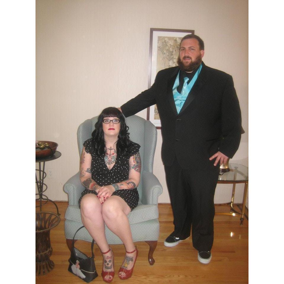 All dressed up for Jason's wedding. I'm sitting down because I'm about an inch taller than Matt and I was wearing 4 inch platforms so I didn't want to tower over him in the picture. May 2012