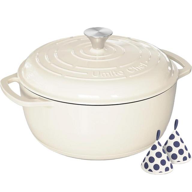 Umite Chef 6QT Enameled Cast Iron Dutch Oven with Lid, Versatile Heavy-Duty Cookware Pot for Baking Bread, Braising, Soups & Stews, Oven & Stovetop Safe with Heat Resistant Gloves（Cream White）