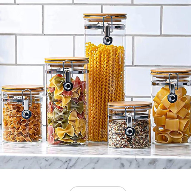 Le'raze Set of 5 Borosilicate Glass Food Storage Canisters with Airtight Bamboo Clamp Lid, Kitchen Bathroom and Pantry Organization Containers, Cookie Jars for Flour