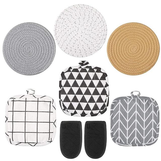 3 Pieces Cotton Thread Weave Trivets Hot Pot Holders Stylish Coasters, 3 Pieces Kitchen Pot Holders Hot Pads and 2 Pieces Hot Handle Holder Sleeves for Kitchen Cooking and Baking