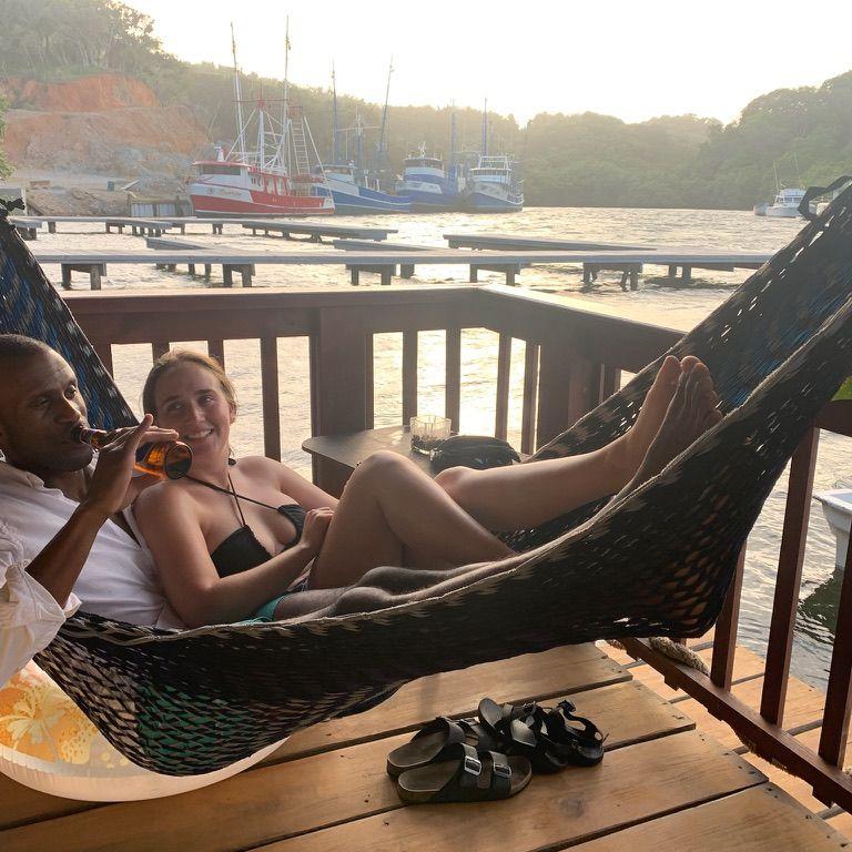 Relaxing at a floating bar in Roatan, Honduras. May 2022