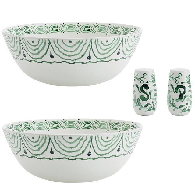 Fitz and Floyd Sicily Green Serving Bowls with Salt & Pepper Shakers, Set of 2