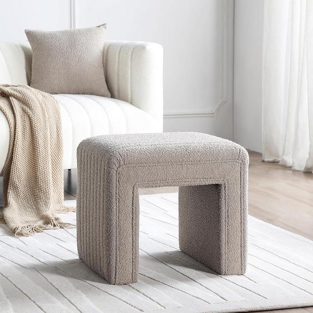 Get Set Style Vanity Stool Chair,Modern Boucle Ottoman Foot Stool with Wooden Legs Sofa Bench Footstool Extra Seat for Vanity,Makeup Room,Living Room,Entryway,Office (Fully Assembled)