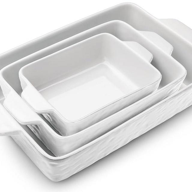 Krokori Casserole Dishes for Oven, Ceramic Baking Dishes, Lasagna Pan with Handles, Porcelain Baking Pan Deep, Bakeware for Baking, Cooking, Wedding Gift, Set of 3 (11.6" x 7.8", White)