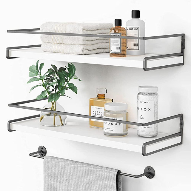 White Floating Shelves for Wall, Bathroom Shelves Wall Mounted with Grey Rail and Gray Towel Rack, Small Wooden Wall Shelf for Bedroom Living Room Nursery Office Kitchen Corner Storage Set of 2