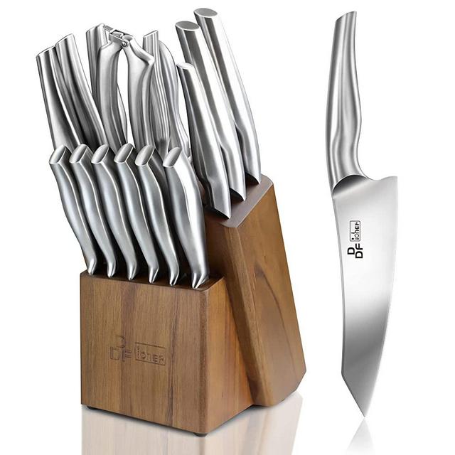 Knife Sets for Kitchen with Block, DDF iohEF 16-Piece Japanese Stainless Steel Kitchen Knife Block Set with Sharpener, Unibody Silver Chef Knife Set