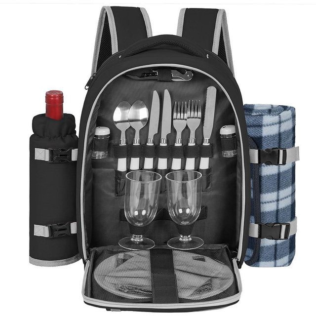 ITHWIU Picnic Backpack for 2 Persons with Insulated Leakproof Cooler Compartment, Cutlery Sets, Wine Holder, Fleece Blanket, Wedding Gifts for Couples, Perfect for Beach, Camping, Hiking, Black