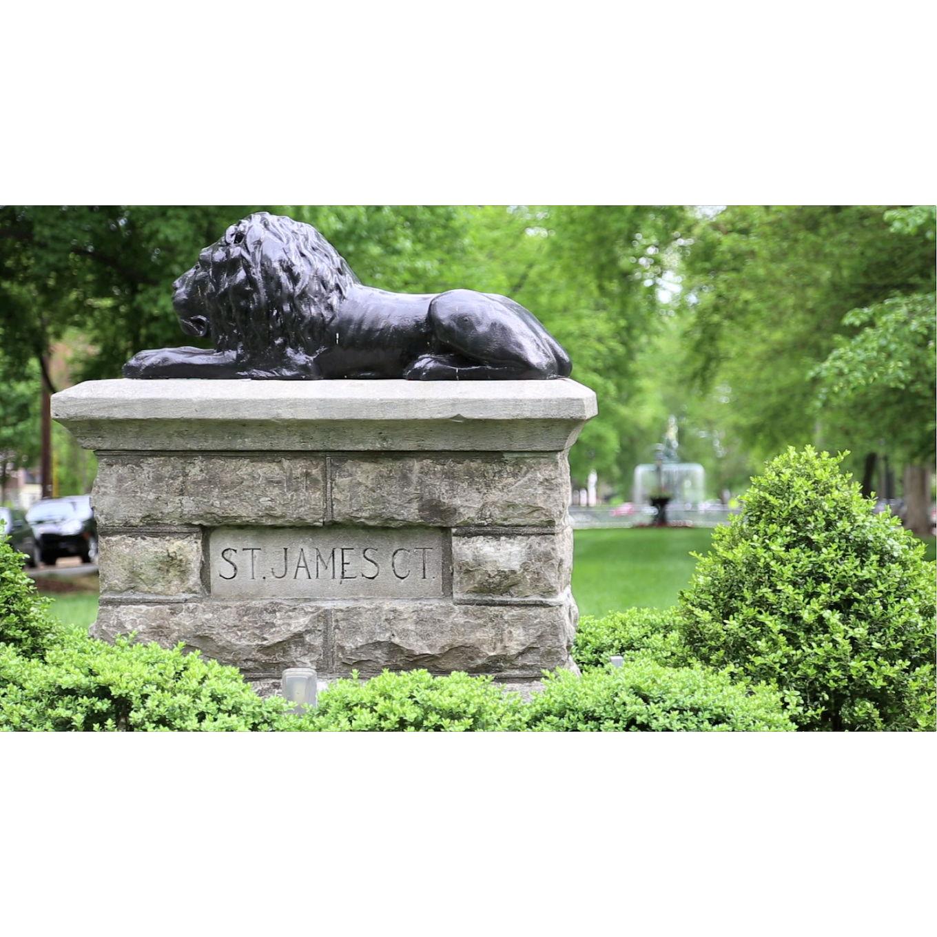 Lions guard the north and south entrance to St. James Court, the site of the wedding venue.