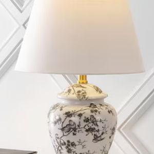 JONATHAN Y Penelope Chinoiserie Ginger Jar Bird Ceramic/Iron 22-in Gray/White LED Rotary socket Table Lamp with Linen Shade