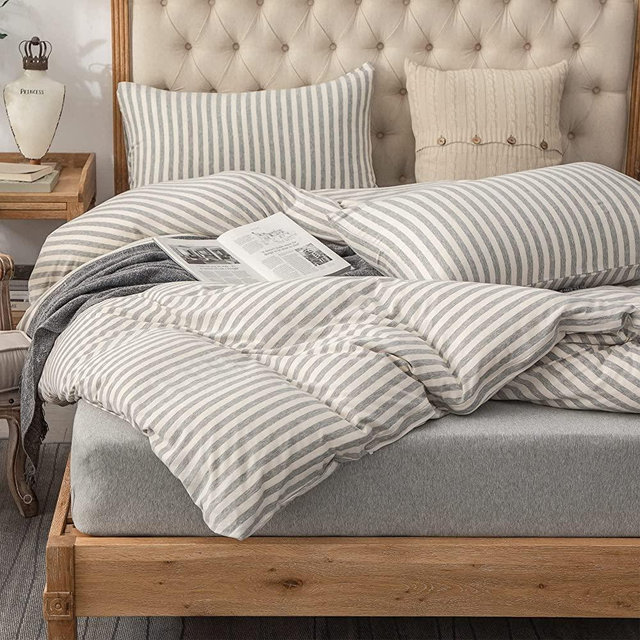 PURE ERA Jersey Knit Duvet Cover Set 100% T-Shirt Heather Cotton Super Soft Comfy Classic Striped Design, with Zipper Closure, Grey & White Stripe, Queen