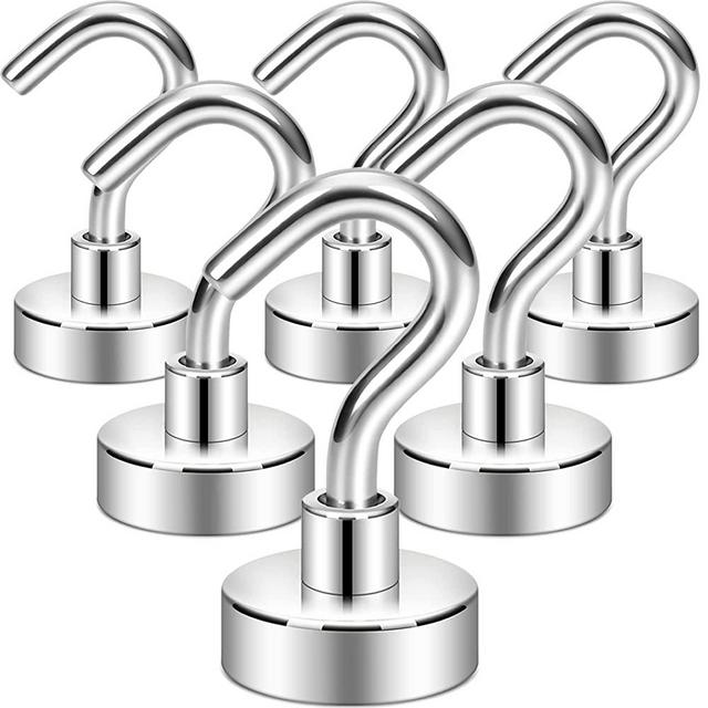 Neosmuk Magnetic Hooks, 28 lb+ Heavy Duty Earth Magnets with Hook for Refrigerator, Extra Strong Cruise Hook for Hanging, Magnetic Hanger for Curtain, Grill(Silver, Pack of 6)