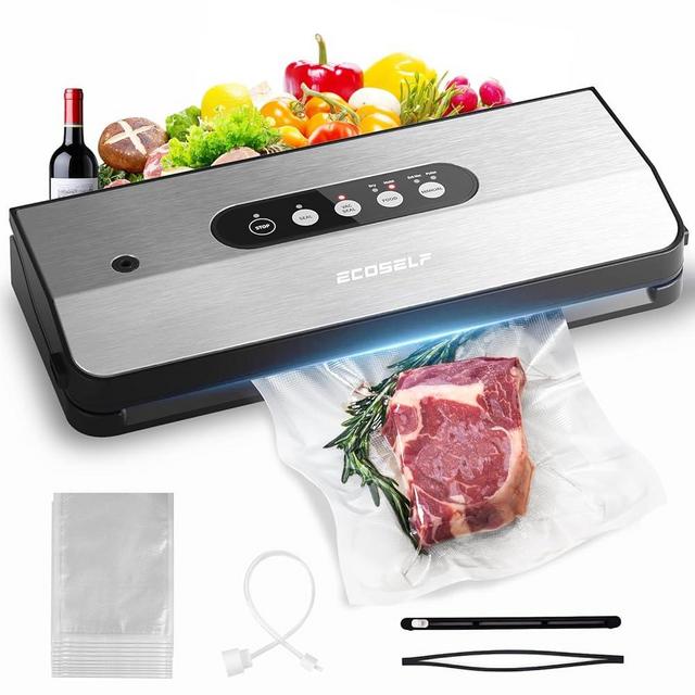 ECOSELF Vacuum Sealer Machine, with 8-in-1 Function& Detachable Tray& Cutter& 10 Bags, Food Vacuum Sealer Saver Machine for Food Storage & Sous Vide,Automatic Sealing Machine,EXT-VAC,Stainless Steel