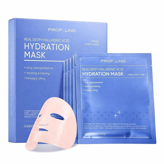 PROF.LING Real Deep Hyaluronic Acid Face Mask, Deep Hydrating & Moisturizing Sheet Mask for Dry, Dehydrated & Sensitive Skin, Intensive Moisture Care, Korean Skincare, 28g x 5 ea