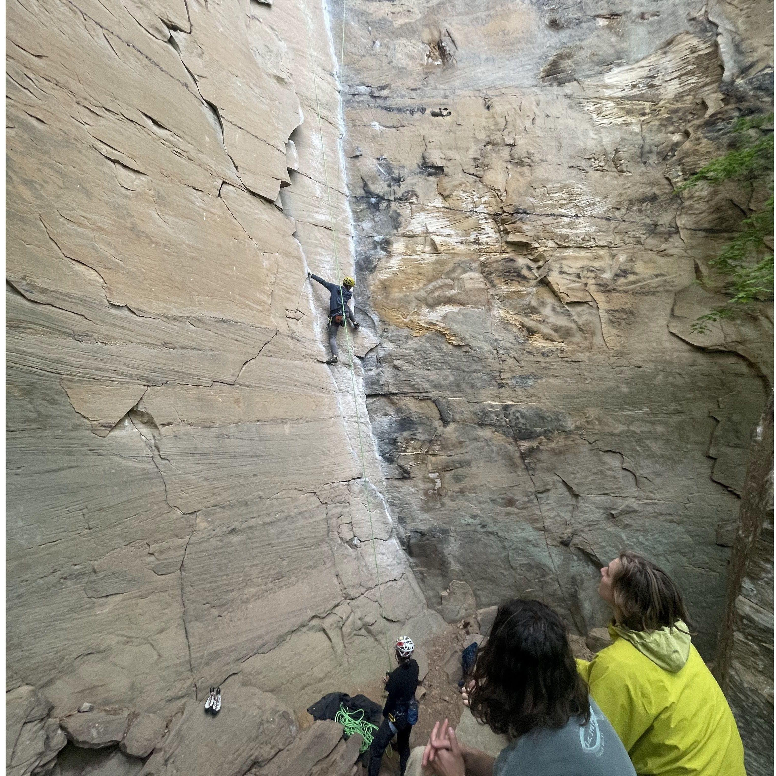 Meredith first belay of Derrick on Rock Wars.