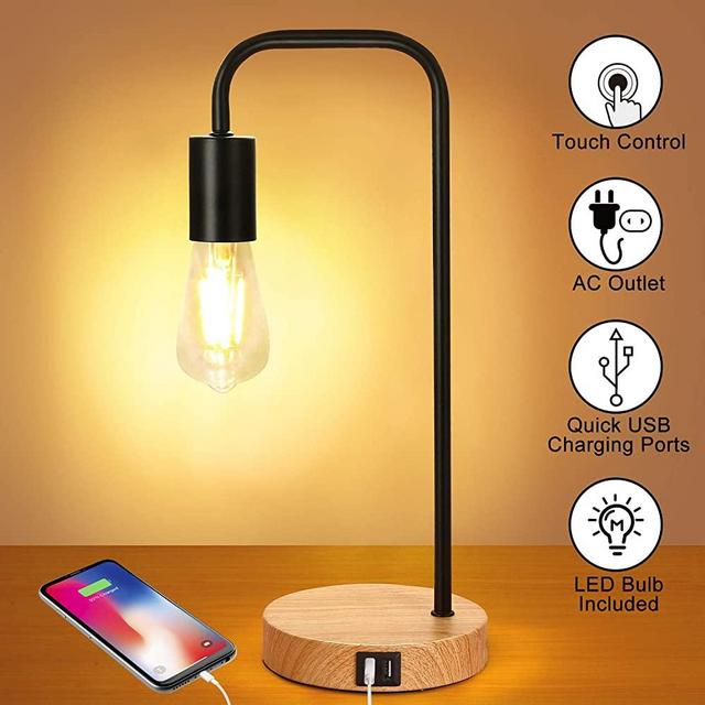 3-Way Touch Control Dimmable Table Lamp with 2 USB Charging Ports, AC Outlet & Vintage St64 E26 Edison LED Bulbs Included, Industrial Metal Bedside Desk Nightstand Lamp Ideal for Bedroom Living Room