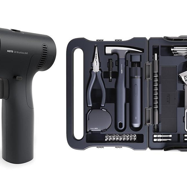 HOTO 16V Brushless Power Drill + HOTO 40-Piece Tool Kit, Household Essentials Tool Set
