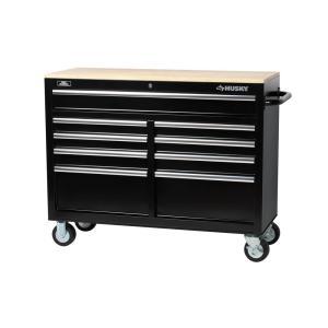 46 in. 9-Drawer Mobile Workbench with Solid Wood Top, Black
