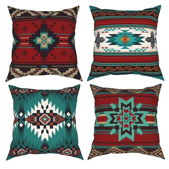 Western Native American Throw Pillow Covers 18X18 Southwestern Boho Aztec Accent Decorative Pillow Cases Navajo Cushion Covers for Sofa Chair Couch Home Outdoor Decor Set of 4, Double Side Print