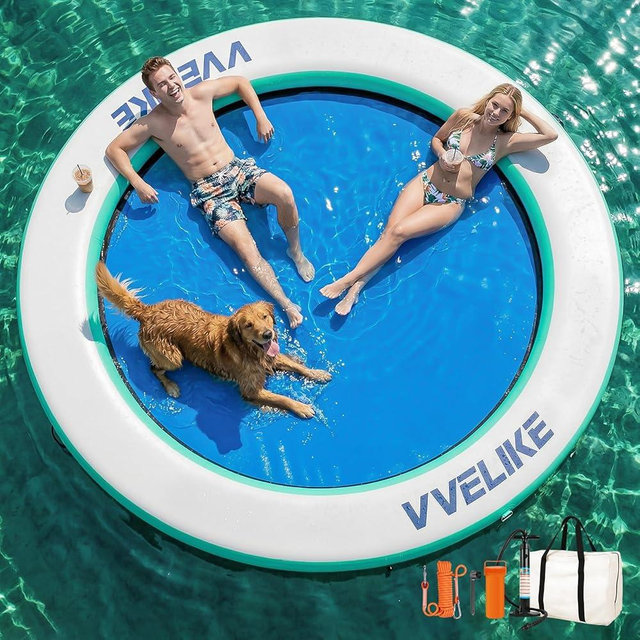 Vvelike Water Hammock for Adults Heavy Duty, Large Round Inflatable Pool Lounger Float, 8ft/10ft/12ft Big Circle Floating Lounge Haven Lake River Island, Fits Multi-People Party Sunchill Tanning