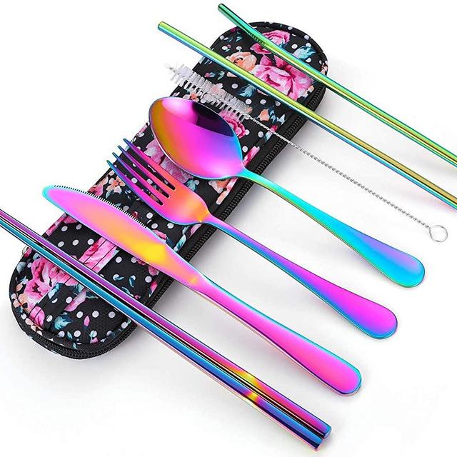 Travel Utensils,Reusable Silverware Set To Go Portable Cutlery Set with a Waterproof Carrying Case for Lunch Boxes Workplace Camping School Picnic (FlowerCase/Rainbow)