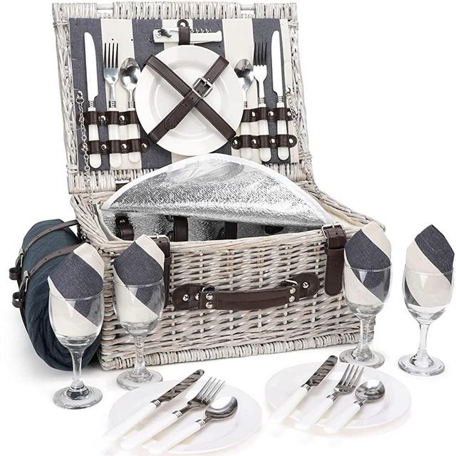Picnic Basket Sets for 4 Persons with Insulation Layer,Waterproof Picnic Blanket, Tableware for Family,Party,Outdoor Living,Camping