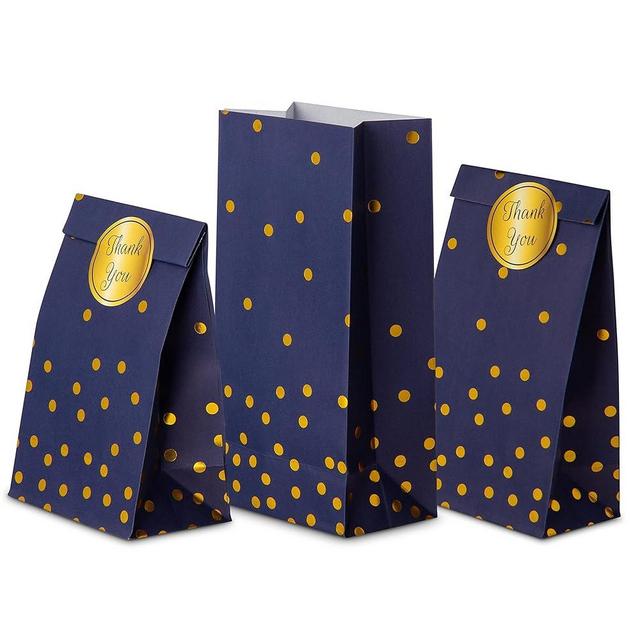 ROYAL BLUEBONNET Navy Blue and Gold Confetti Gift Bags -Set of 24- Blue Paper Goodie Bags and Stickers – Baby Shower Favor Bags, Blue and Gold Party Decorations, Blue Party Supplies, Blue Candy Bags