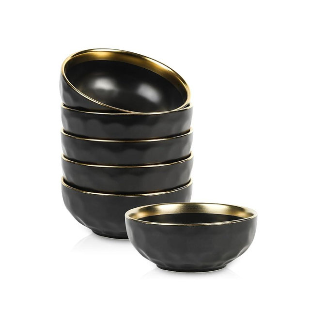 vicrays Ceramic Salad Bowls Set for Kitchen, Serving - 24 Ounce Soup Bowls, Pasta Bowls, Chip Resistant, Dishwasher Safe, NOT Microwave Safe, Fluted, Stoneware, Set of 6 (Black with Golden)