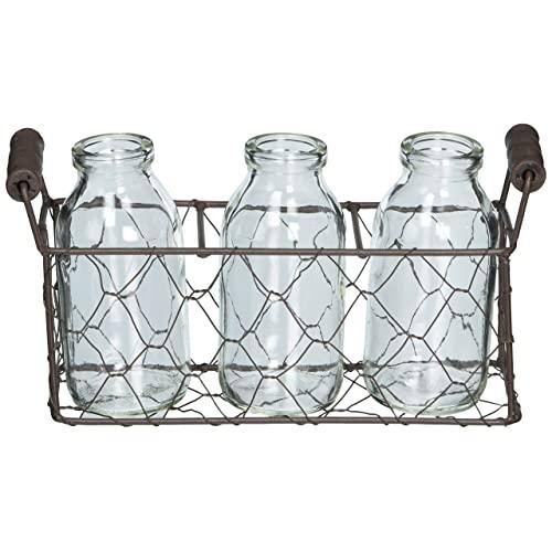 Blossom Bucket 131-36733 Small Rectangle Decorative Metal Basket with Three Glass Bottles