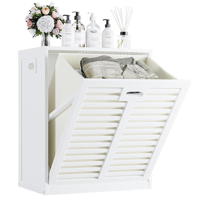 HITNET Tilt Out Laundry Hamper Cabinet, Bathroom Laundry Cabinet with 16 Gallon Clothes Basket, Space Saving Freestanding Bamboo Storage Organizer for Towels and Toys, White