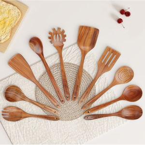 Wooden Spoons for Cooking, Wooden Utensils for Cooking Natural Teak Wooden Kitchen Utensils Set Comfort Grip (10 PCS SET)