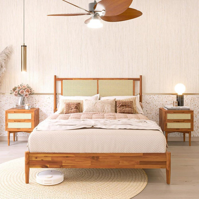Bme Oliver Headboard Queen Size Bed Frame - 15-Inch Signature Design with Rattan Headboard, Bohemian and Mid Century Style, 12-Slat Wood Support, No Box Spring Needed - Easy Assembly, Caramel