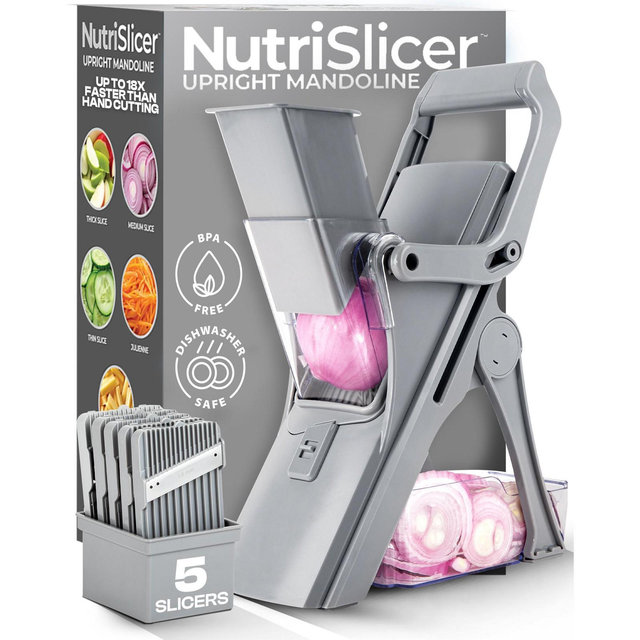 NutriSlicer Dark Grey Upright Mandoline Slicer – 5 Stainless Steel Blades, BPA-Free and Dishwasher Safe