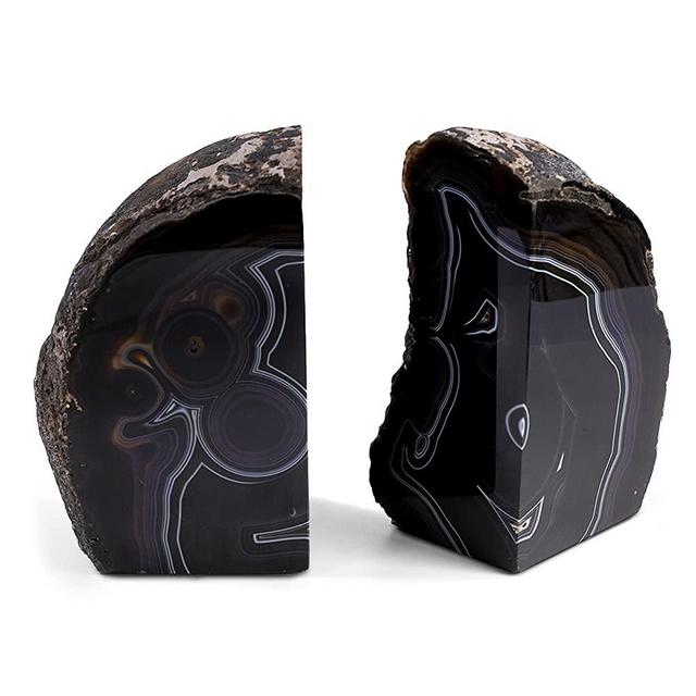 Luma Gems Geode Bookends 1 Pair 4-6 lbs (Black) - Stone Bookends for Light and Heavy Books - Unique Brazilian Crystal Book Ends in Agate Stone to Hold Books, Geode Decor and Paperweight - 3 Colors