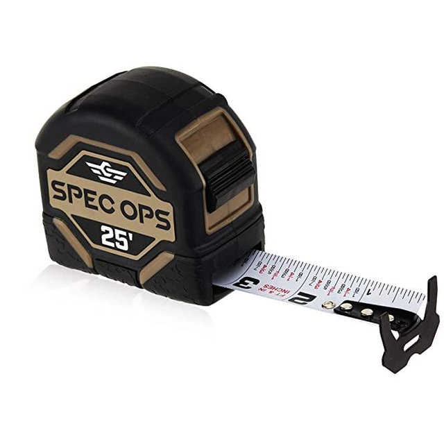 Spec Ops Tools 25-Foot Tape Measure, 1 1/4" Wide Double-Sided Printed Blade, Military-Grade Composite Case, Mil-X Coated Blade, Black/Tan (SPEC-TM25)