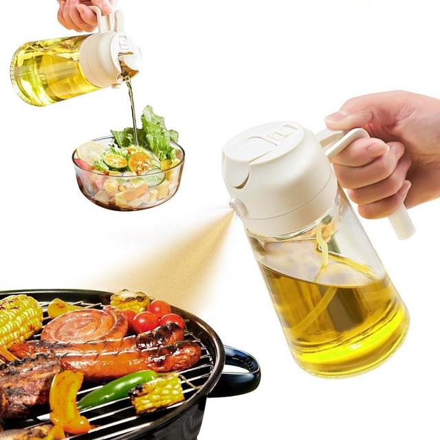 YARRAMATE Oil Sprayer for Cooking, 2 in 1 Olive Oil Dispenser Bottle for Kitchen, 17oz/500ml Glass Oil Bottle with Premium Nozzle, Food-grade Oil Mister for Air Fryer, Salad, Frying, BBQ (White)