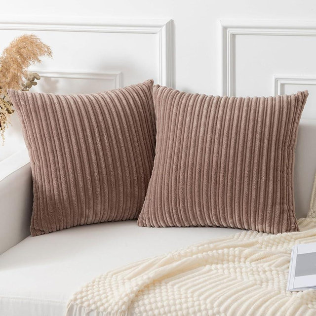 Kevin Textile Throw Pillow Covers Soft Corduroy Decorative Set of 2 Boho Striped Pillow Covers Pillowcases Farmhouse Home Decor for Couch Bed Sofa Living Room 16x16 Inch Light Brown