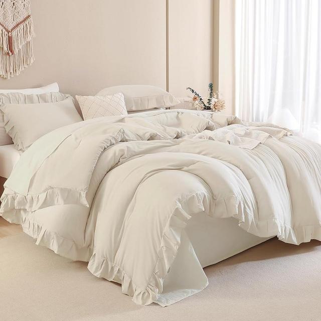 Andency Beige Comforter Set Queen Size, 3 Pieces Shabby Chic Ruffle Bedding Comforter Sets for Queen Bed, Lightweight Fluffy Soft Microfiber Farmhouse Comforter Set