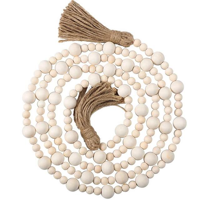 Jetec Wood Bead Garlands Christmas Bead Garland with Tassels Farmhouse Rustic Country Boho Decorations Natural Wall Hanging Vase Handle Door Prayer Beads for Tiered Tray Decor (Wood Color, 7.9 Feet)