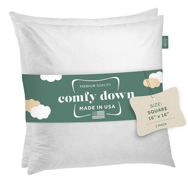 ComfyDown Set of Two, 95% Feather 5% Down, 16 X 16 Square Decorative Pillow Insert, Sham Stuffer - Made in USA