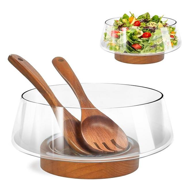 PROLEE Clear Salad Bowl Set,Large Glass Salad Bowls with Solid Wood Base Servers,Elegance Salad Serving Bowls for Kitchen Utensils and Party