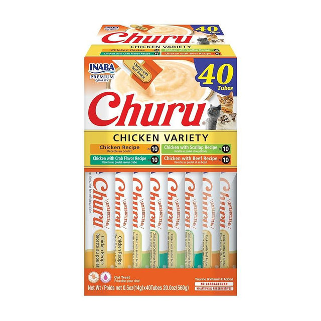 INABA Churu Cat Treats, Lickable, Squeezable Creamy Purée Cat Treat with Green Tea Extract & Taurine, 0.5 Ounces Each Tube, 40 Tubes, Chicken Variety Box