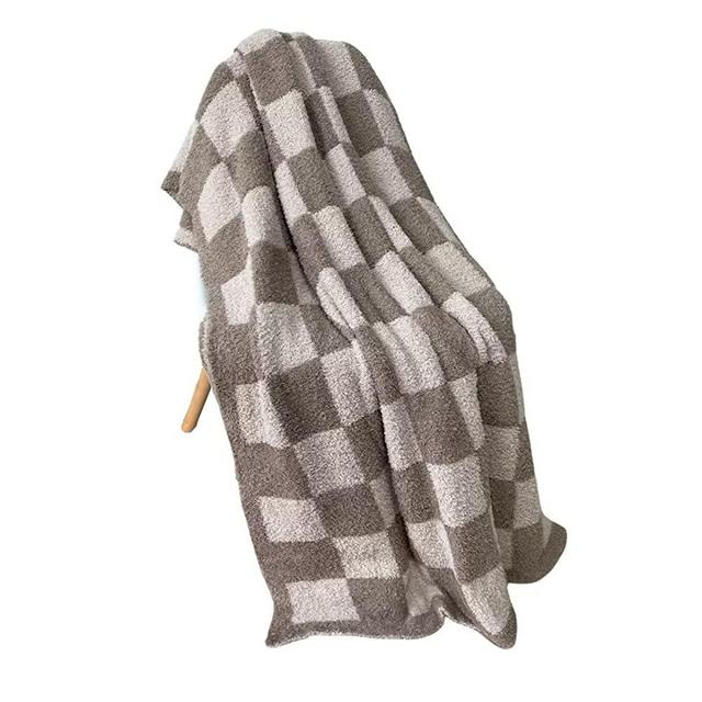 Checkered Fuzzy Blanket Plaid Decorative Reversible Throw Blanket - Super Soft Fluffy Shaggy Fleece Blanket for Chair, Sofa, Couch, Bed, Camping, Travel, Taupe/White, 51''x63''