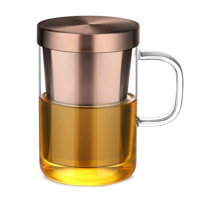 ecooe Tea Infuser Mug 16.9oz Glass Tea Cup with Removable Stainless Steel Infuser and Lid, Clear Glass Tea Cup 500ml Teacup for Loose Leaf Tea, Birthday for Parents Dad Mum Friends (Bronze)