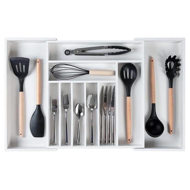 KitchenEdge Premium Silverware, Flatware and Utensil Organizer for Kitchen Drawers, Expandable 16 to 28 Inches Wide, 10 Compartments, Food-Safe Contract Grade White Finish 100% Sustainable Bamboo Wood