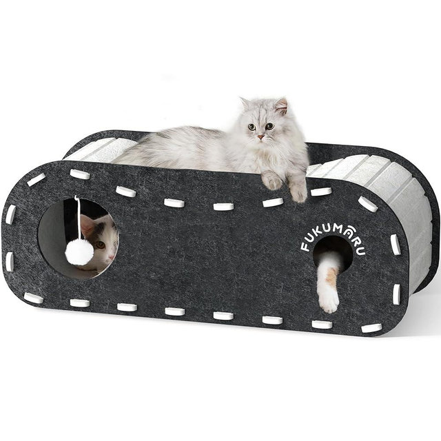 FUKUMARU Cat Beds for Indoor Pets, 31.5 Inches Extra-Large Cat Cave for Multi-Pet, Cozy House with Fluffy Ball Hanging, Scratch Resistant Felt Kitten Hideaway Bed, Feline Tunnel, Grey